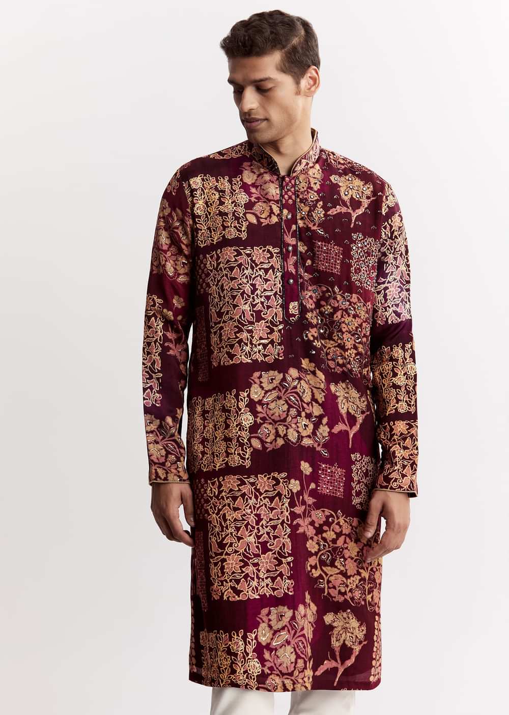 Wine Chanderi Kurta Set With Stone Sequins And Cutdana Work