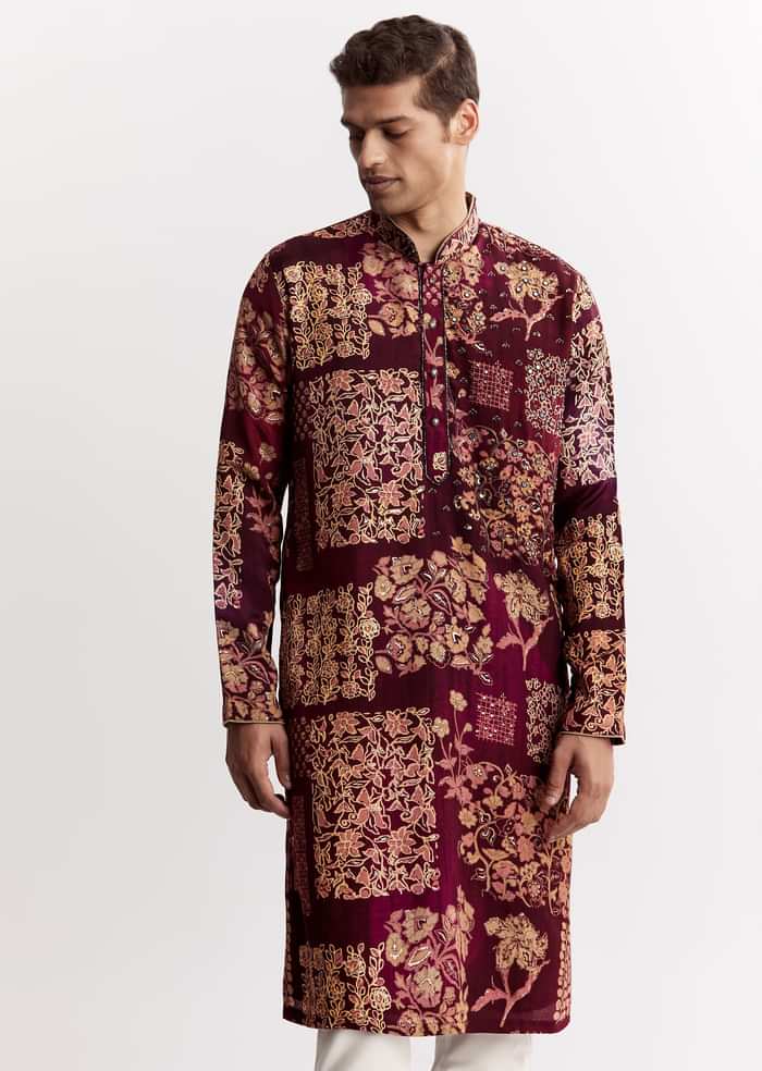 Wine Chanderi Kurta Set With Stone Sequins And Cutdana Work