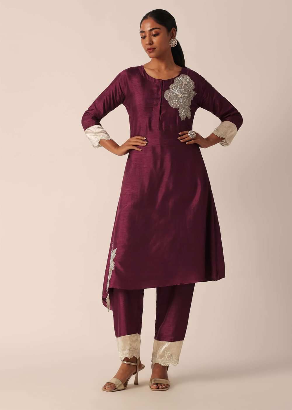 Wine Cotton Kurta Set With Patchwork Embroidery