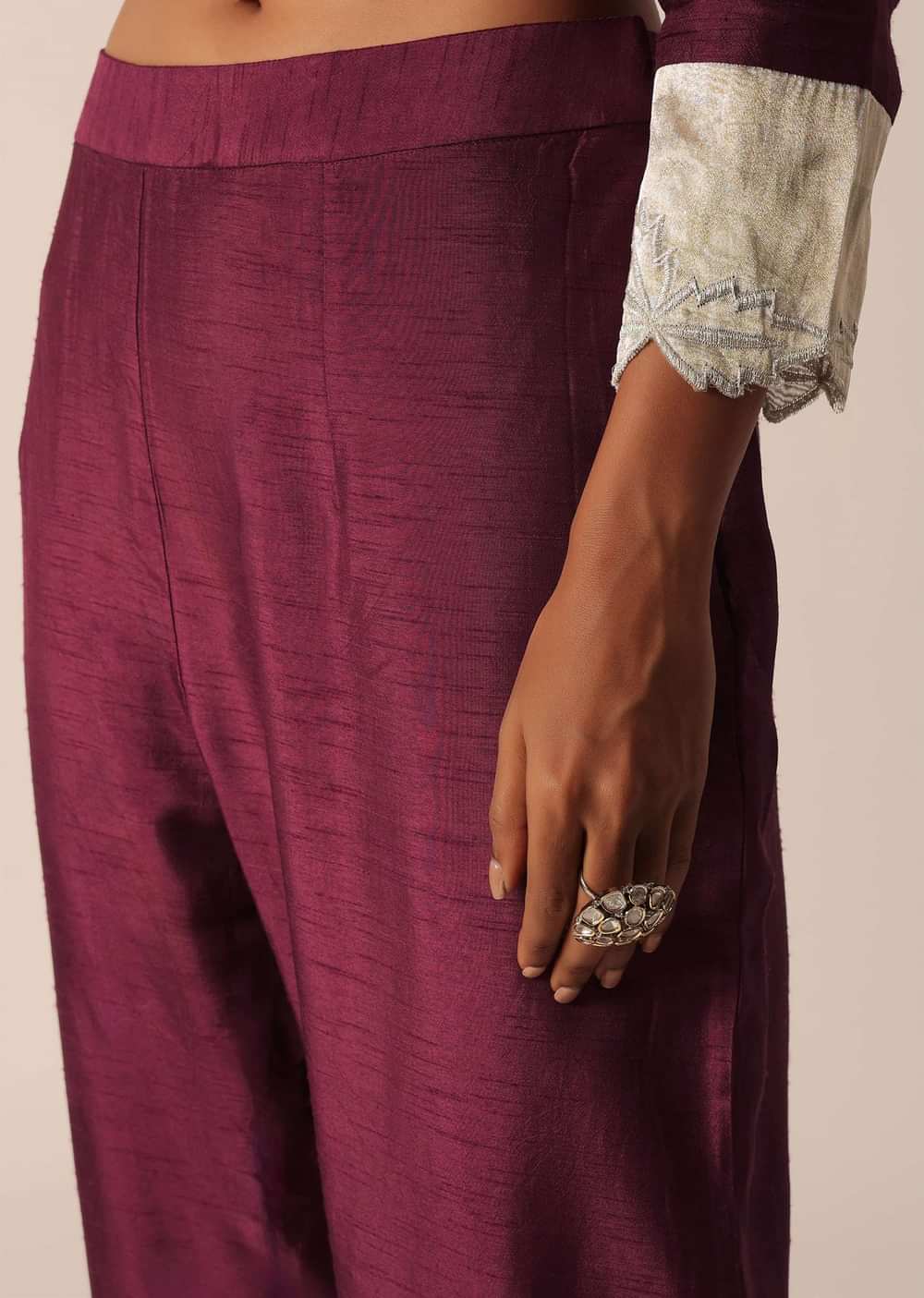 Wine Cotton Kurta Set With Patchwork Embroidery