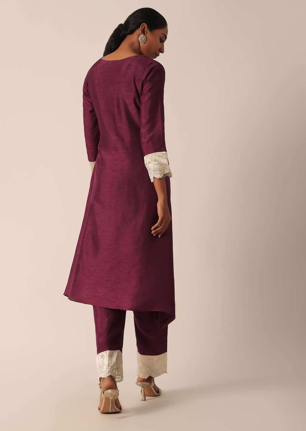 Wine Cotton Kurta Set With Patchwork Embroidery