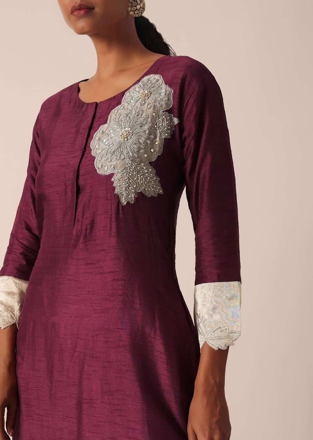Wine Cotton Kurta Set With Patchwork Embroidery