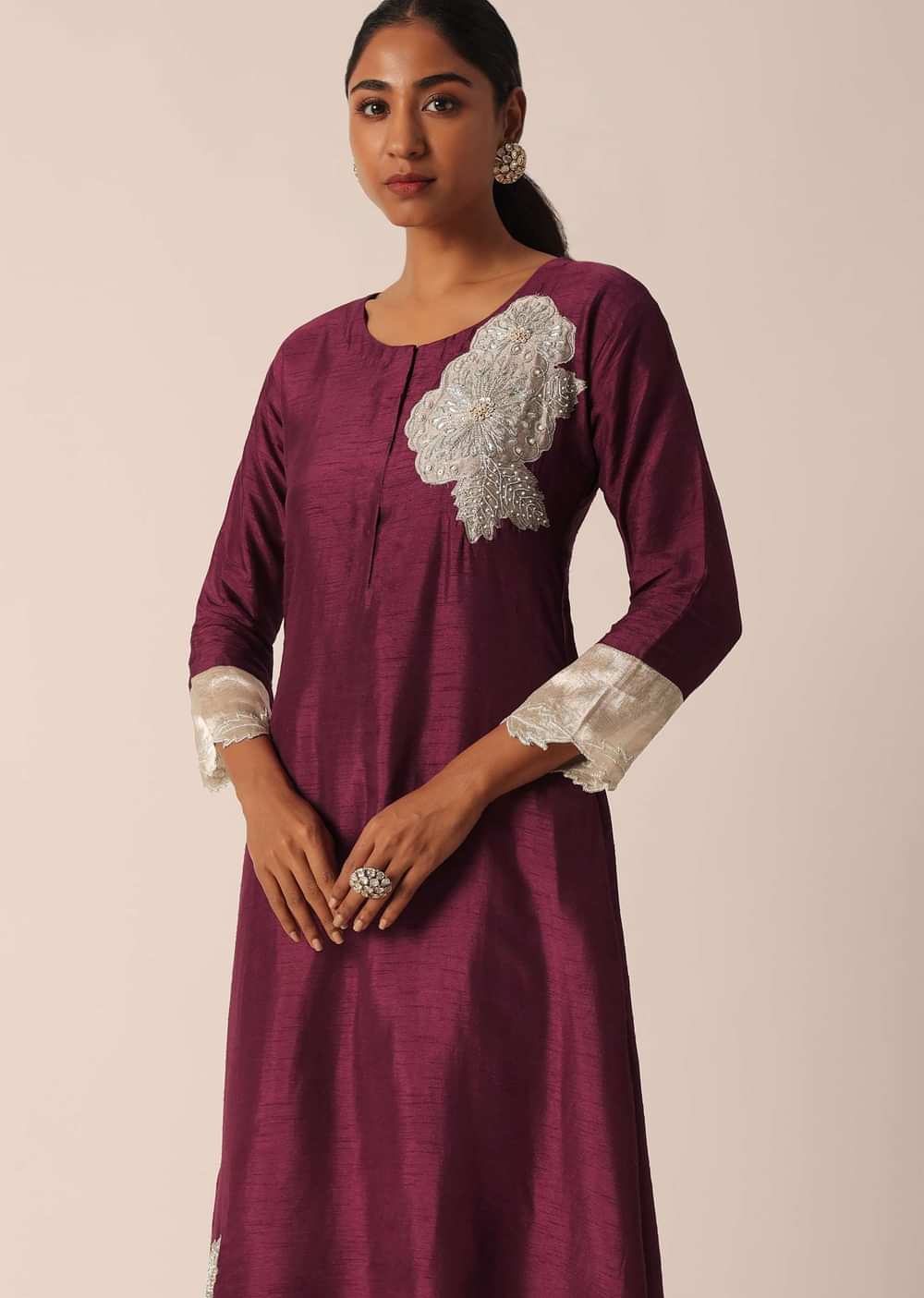 Wine Cotton Kurta Set With Patchwork Embroidery