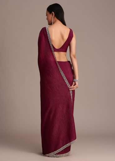 Wine Crushed Tissue Saree With Stone Embellished Border