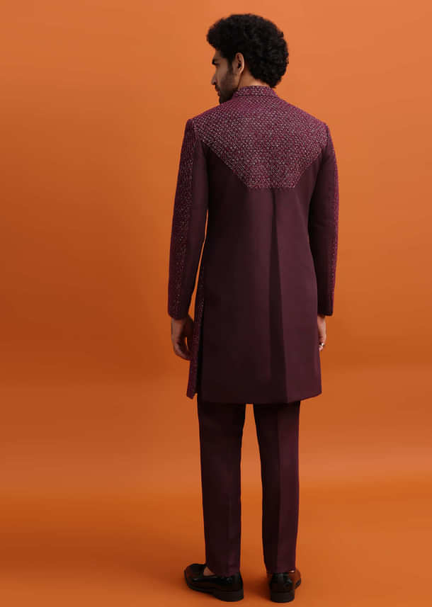 Wine Cutdana Embroidered Sherwani For Men Wine Cutdana Embroidered Sherwani For Men