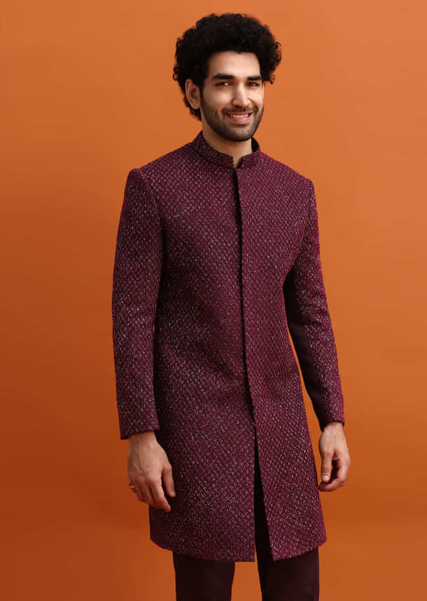 Wine Cutdana Embroidered Sherwani For Men Wine Cutdana Embroidered Sherwani For Men