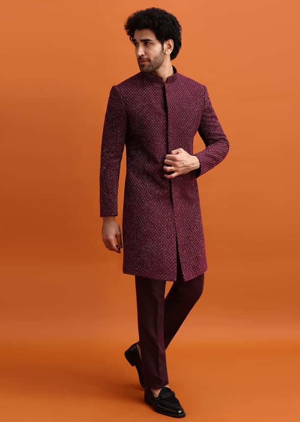 Wine Cutdana Embroidered Sherwani For Men Wine Cutdana Embroidered Sherwani For Men