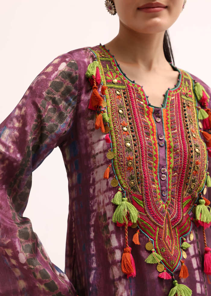 Wine Embroidered Crepe Kurta And Pant