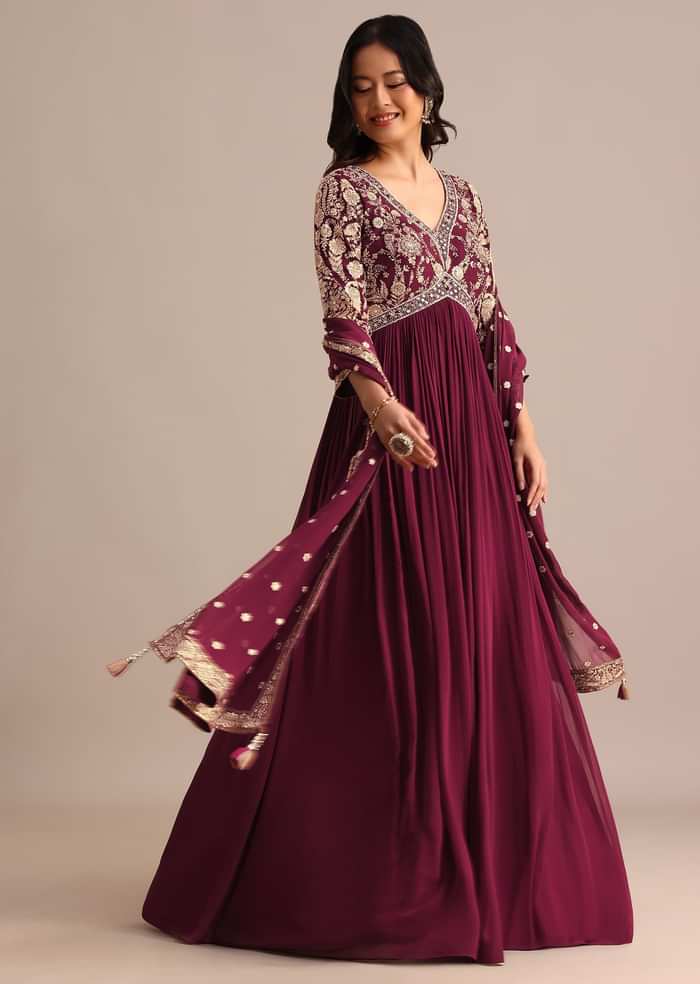 Wine Embroidered Georgette Anarkali Suit