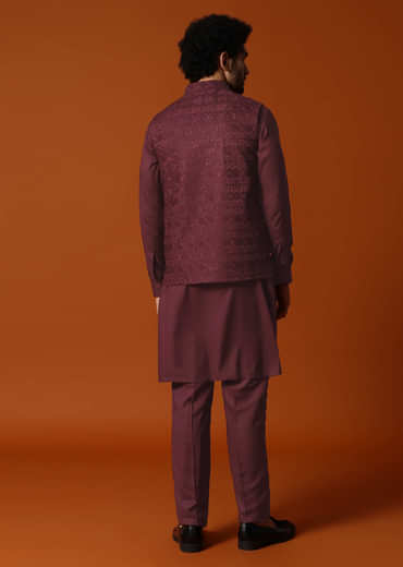Wine Embroidered Kurta Jacket Set For Men