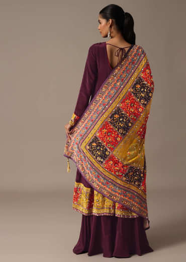 Wine Embroidered Kurta Palazzo Set With Mirror Work Dupatta