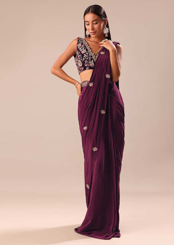 Wine Embroidered Pre Stitched Saree With Blouse