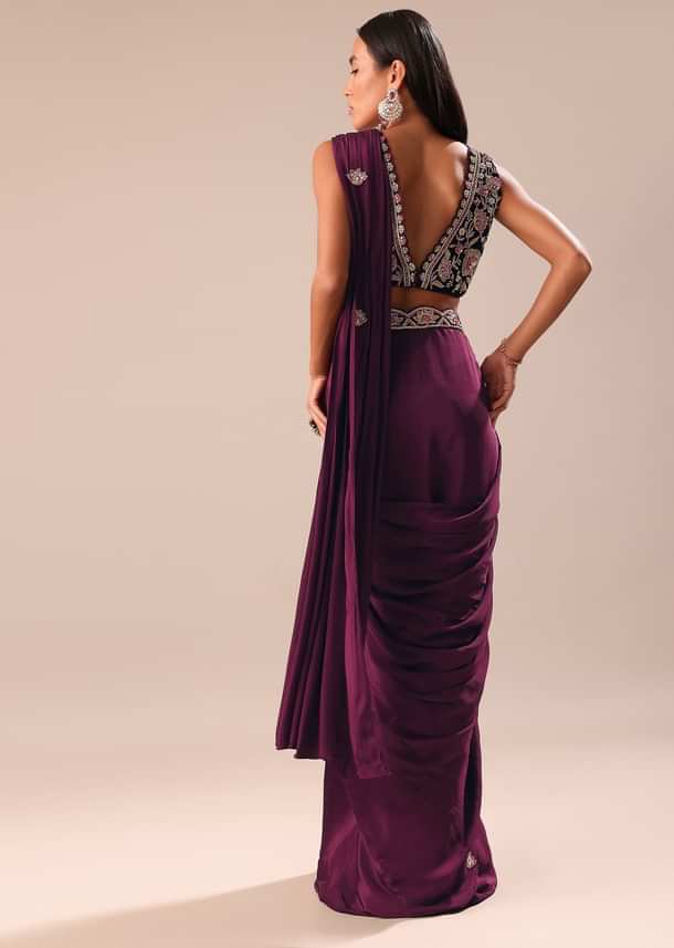 Wine Embroidered Pre Stitched Saree With Blouse