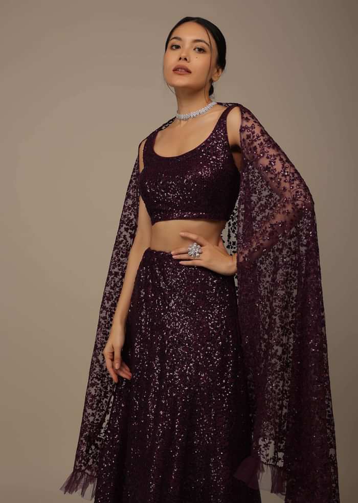 Wine Festive Sequins Embroidered Lehenga Set In Raschel Net Fabric