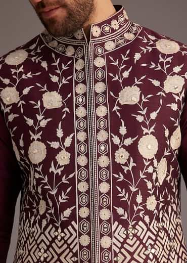 Wine Floral Embroidered Jacket Kurta Set