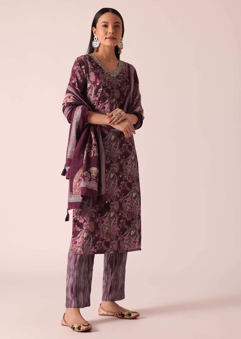 Wine Floral Print Kurta Set In Chanderi