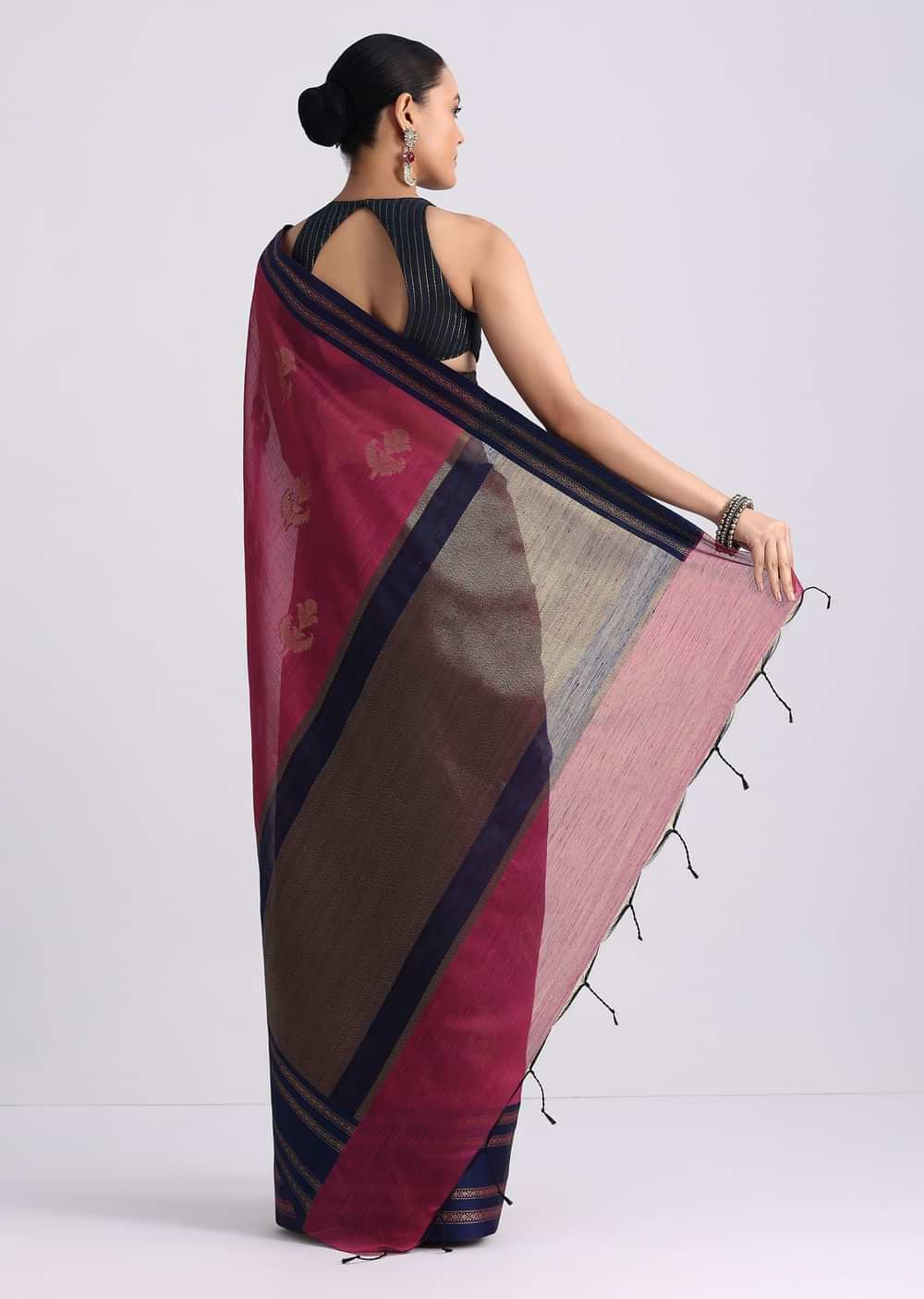 Wine Handloom Silk Saree With Embroidered Butti