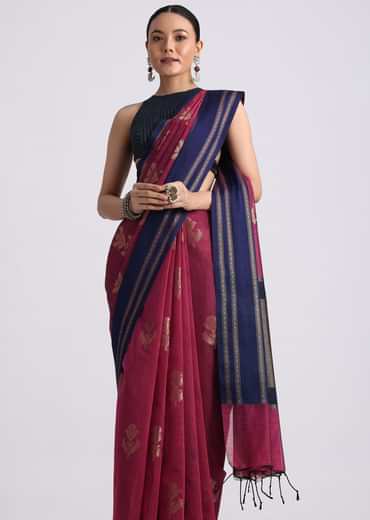 Wine Handloom Silk Saree With Embroidered Butti