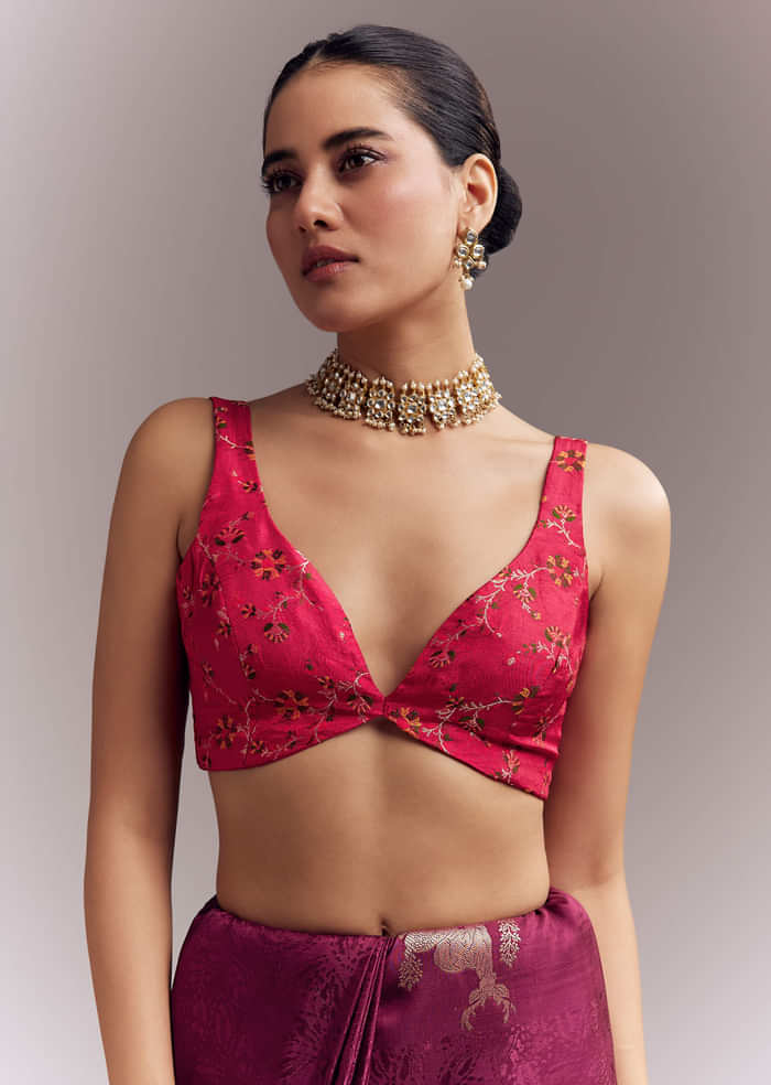 Wine Jacquard Silk Woven Saree With Brocade Work And Embroidery