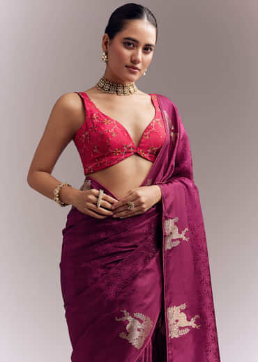 Wine Jacquard Silk Woven Saree With Brocade Work And Embroidery Wine Jacquard Silk Woven Saree With Brocade Work And Embroidery