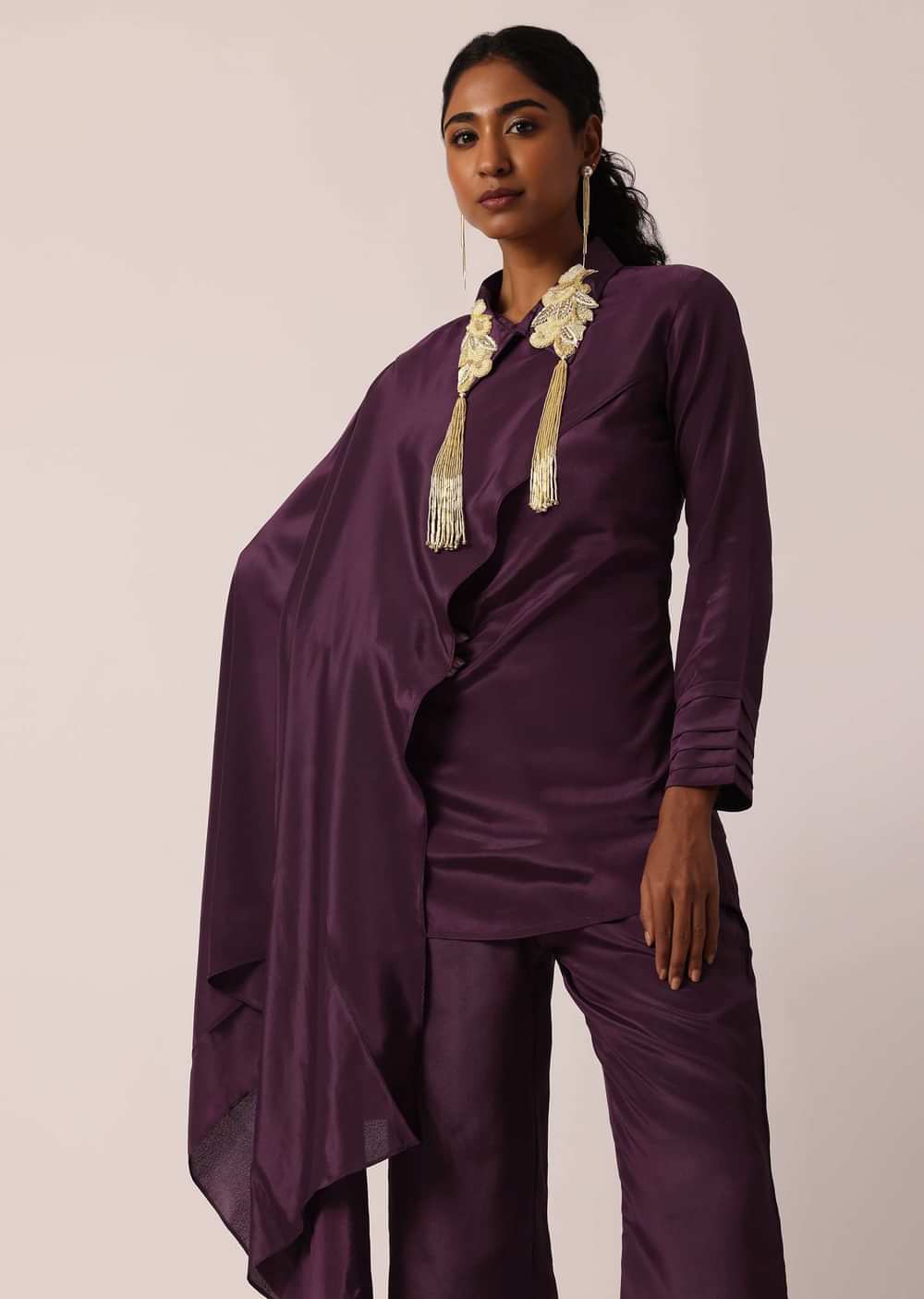 Wine Kurta Set With Patchwork Detail And Sequin Embellishment