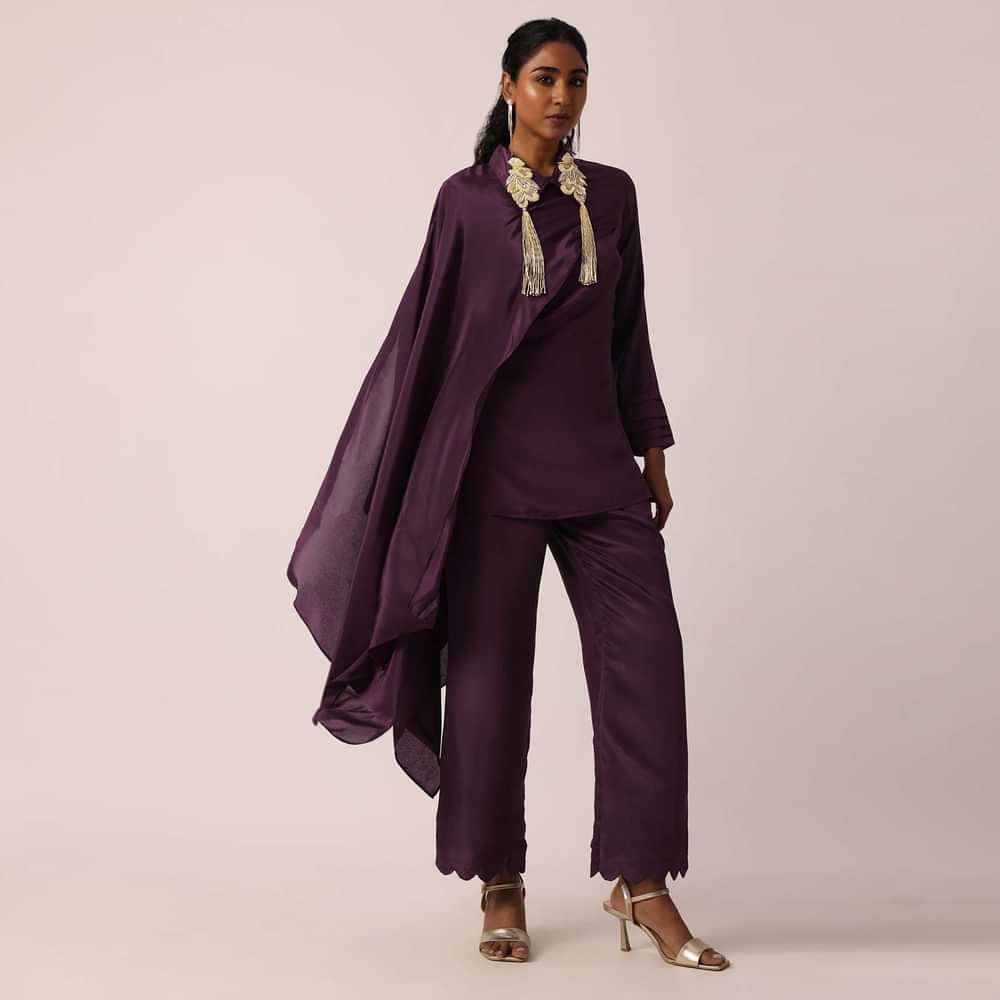 Wine Kurta Set With Patchwork Detail And Sequin Embellishment