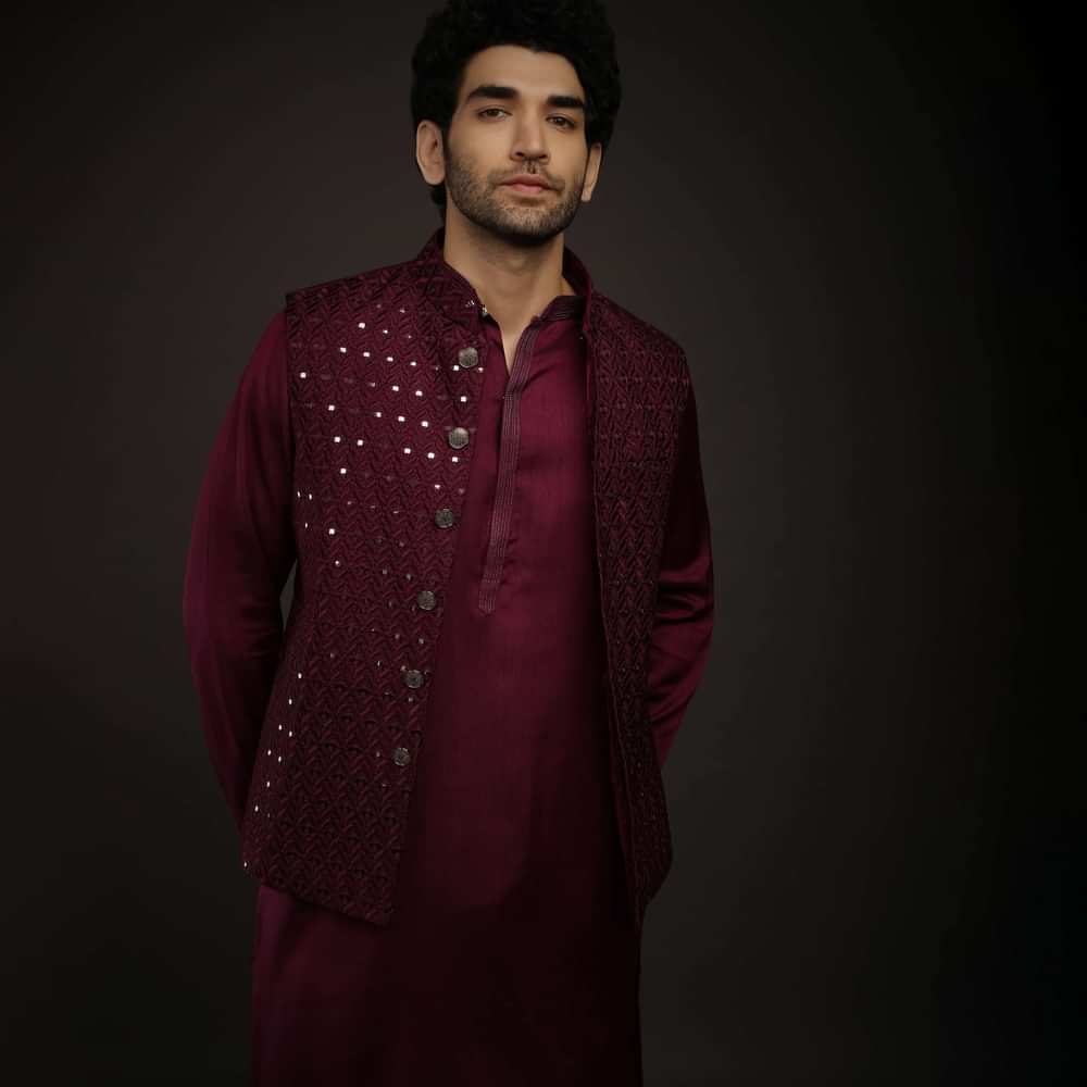 Wine Nehru Jacket Set In Raw Silk With Resham And Mirror Embroidered Geometric Jaal And Aligarh Pants