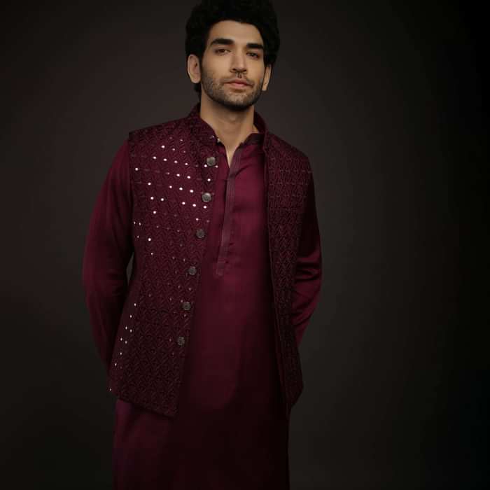 Wine Nehru Jacket Set In Raw Silk With Resham And Mirror Embroidered Geometric Jaal And Aligarh Pants