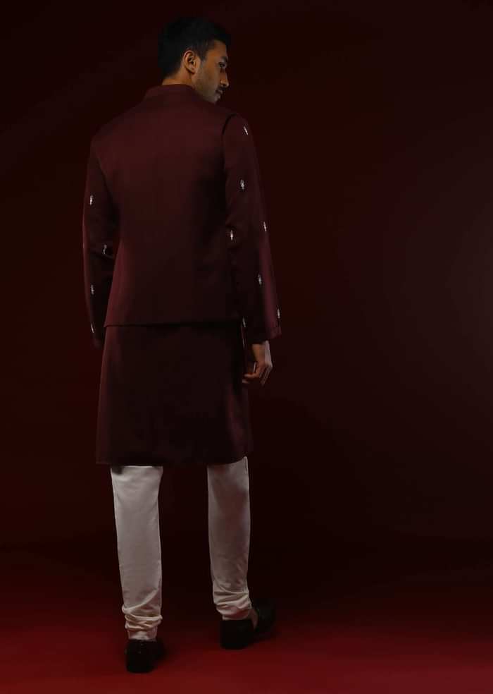 Wine Nehru Jacket Set With Black Resham Aari Embroidered Ethnic Buttis
