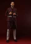 Wine Nehru Jacket Set With Black Resham Aari Embroidered Ethnic Buttis