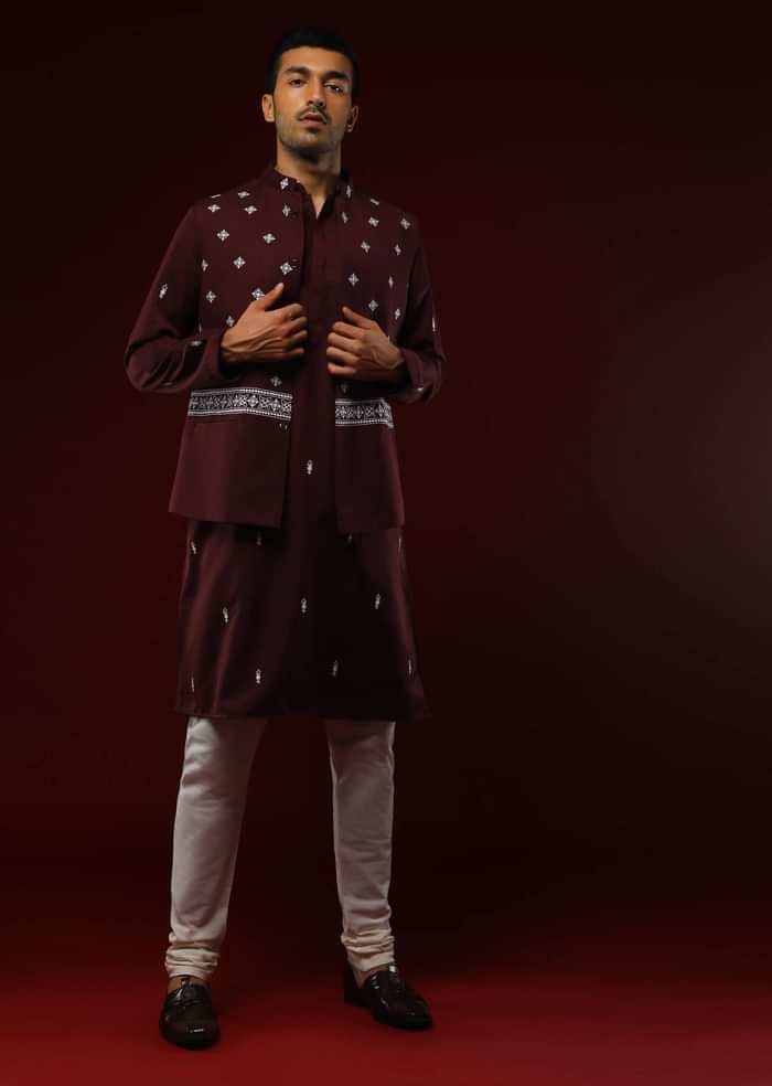 Wine Nehru Jacket Set With Black Resham Aari Embroidered Ethnic Buttis