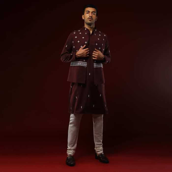 Wine Nehru Jacket Set With Black Resham Aari Embroidered Ethnic Buttis