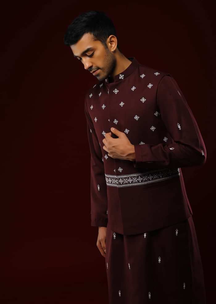 Wine Nehru Jacket Set With Black Resham Aari Embroidered Ethnic Buttis