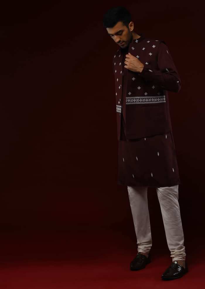 Wine Nehru Jacket Set With Black Resham Aari Embroidered Ethnic Buttis