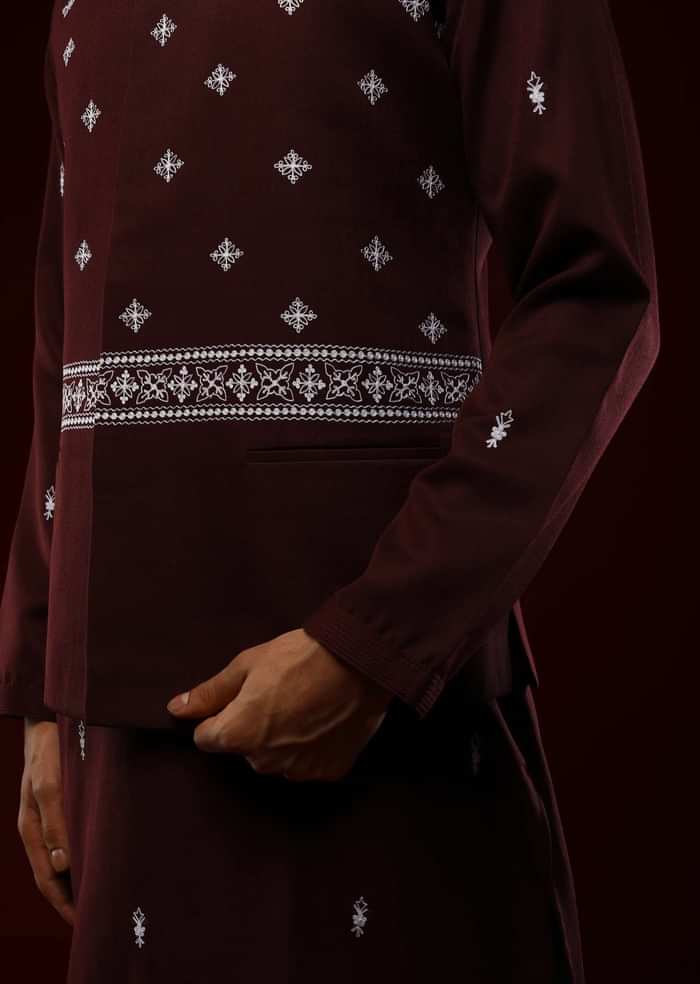 Wine Nehru Jacket Set With Black Resham Aari Embroidered Ethnic Buttis