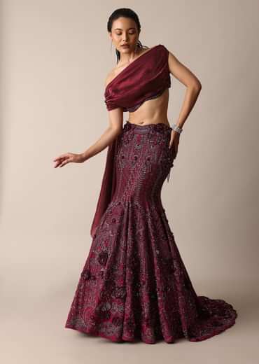 Wine Opulent Fish Cut Lehenga And Embellished Jacket Duo