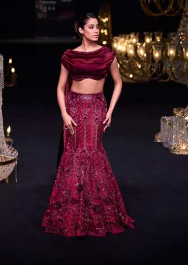 Wine Opulent Fish Cut Lehenga And Embellished Jacket Duo