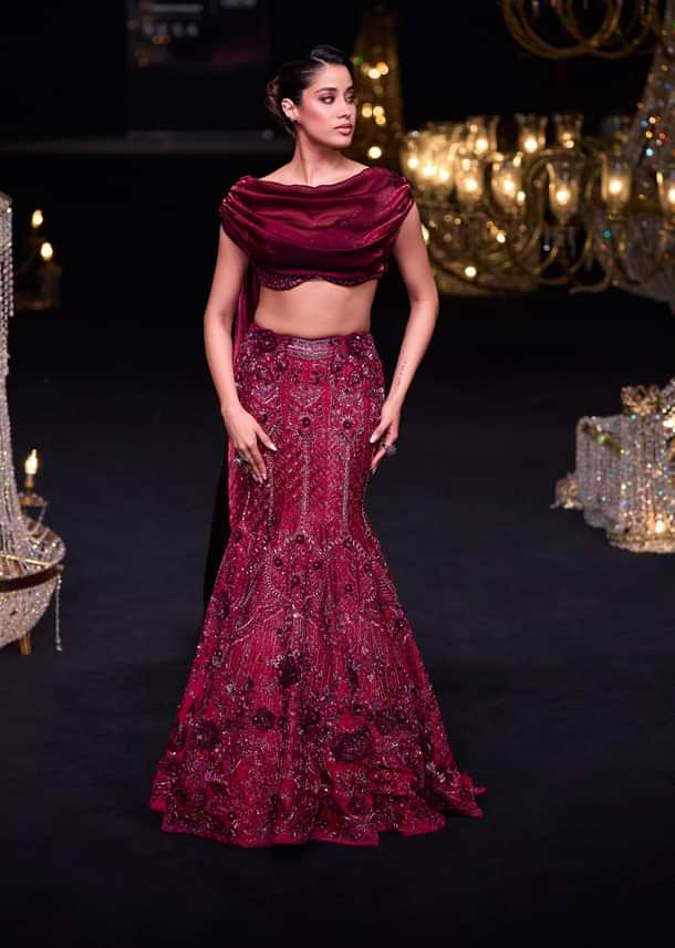 Wine Opulent Fish Cut Lehenga And Embellished Jacket Duo