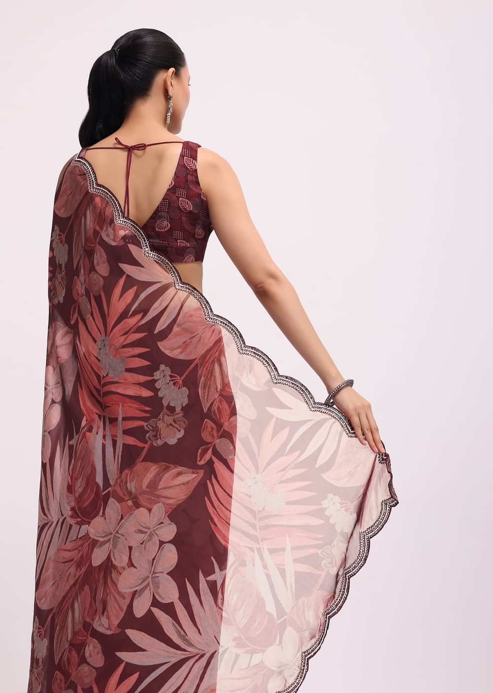 Wine Organza Leaf Printed Saree With Unstitched Blouse