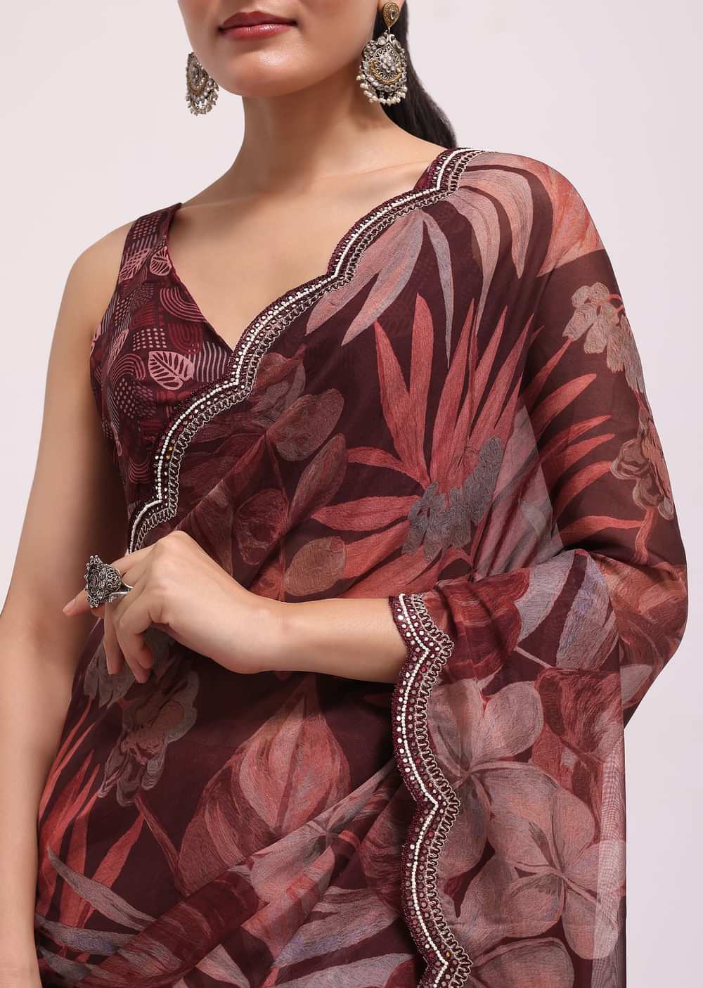 Wine Organza Leaf Printed Saree With Unstitched Blouse
