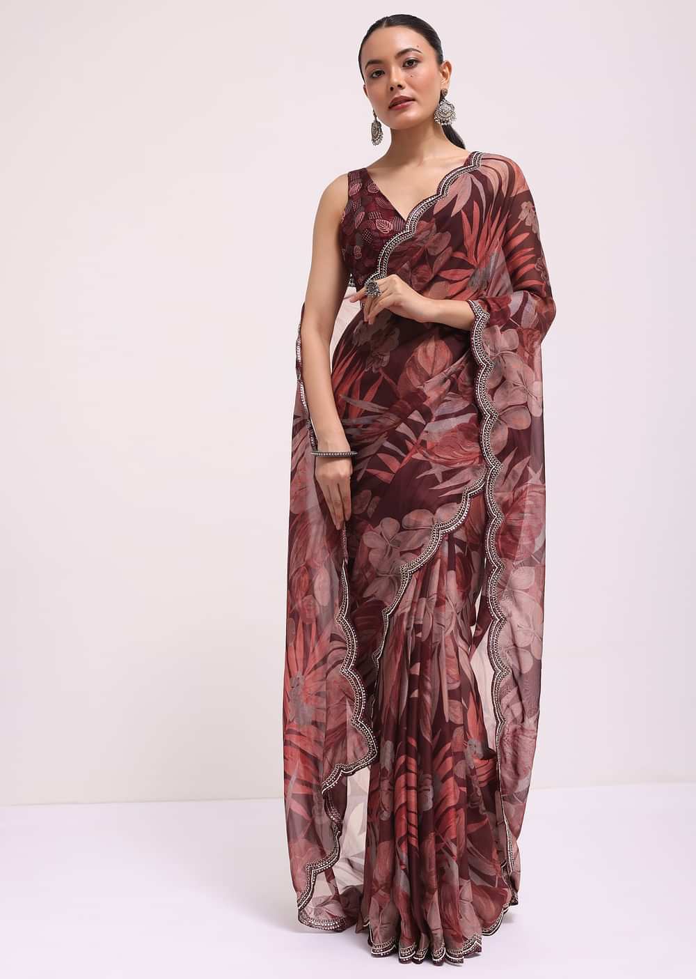 Wine Organza Leaf Printed Saree With Unstitched Blouse
