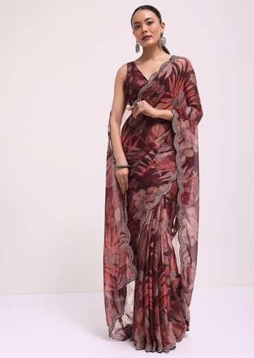 Wine Organza Leaf Printed Saree With Unstitched Blouse