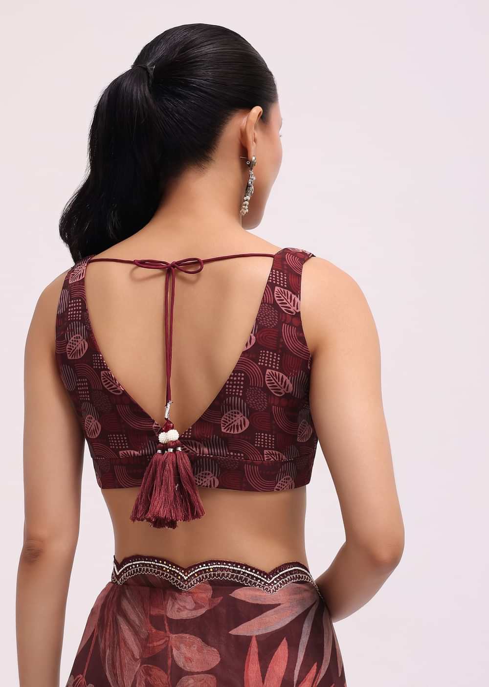 Wine Organza Leaf Printed Saree With Unstitched Blouse