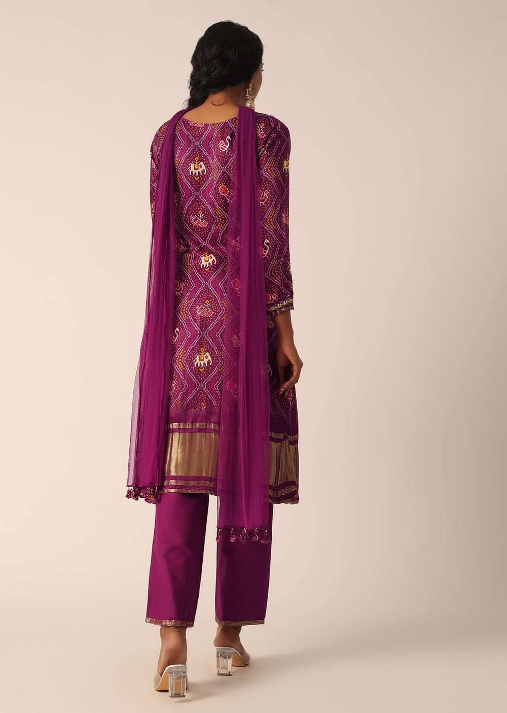 Wine Pant Set In Banarasi With Sequin Work And Bandhani Print