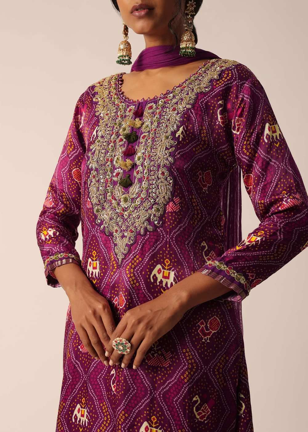 Wine Pant Set In Banarasi With Sequin Work And Bandhani Print