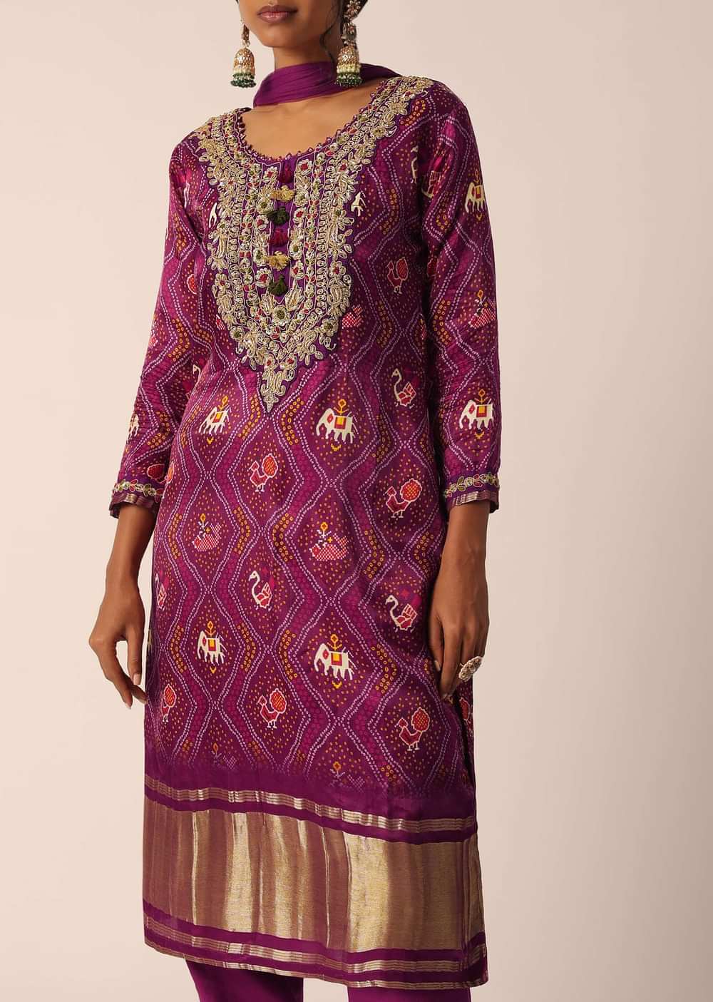 Wine Pant Set In Banarasi With Sequin Work And Bandhani Print