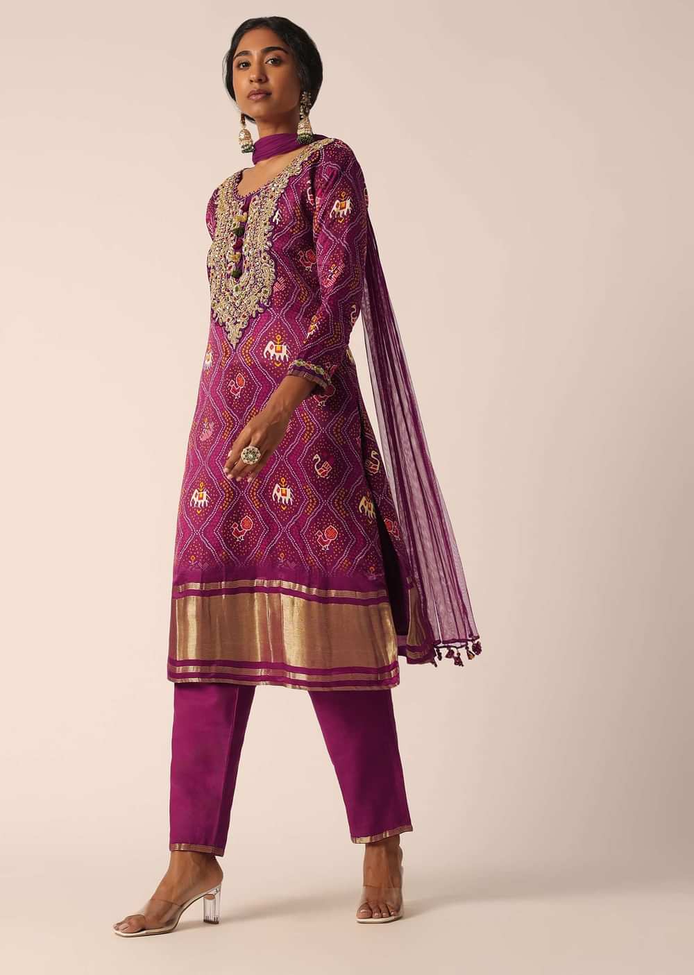 Wine Pant Set In Banarasi With Sequin Work And Bandhani Print