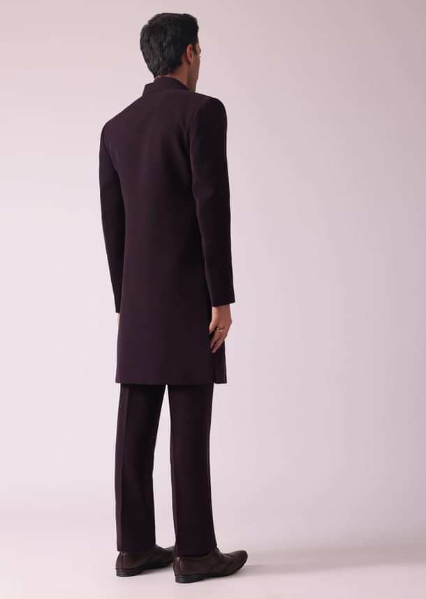 Wine Purple Embroidered Indowestern In Suiting Fabric