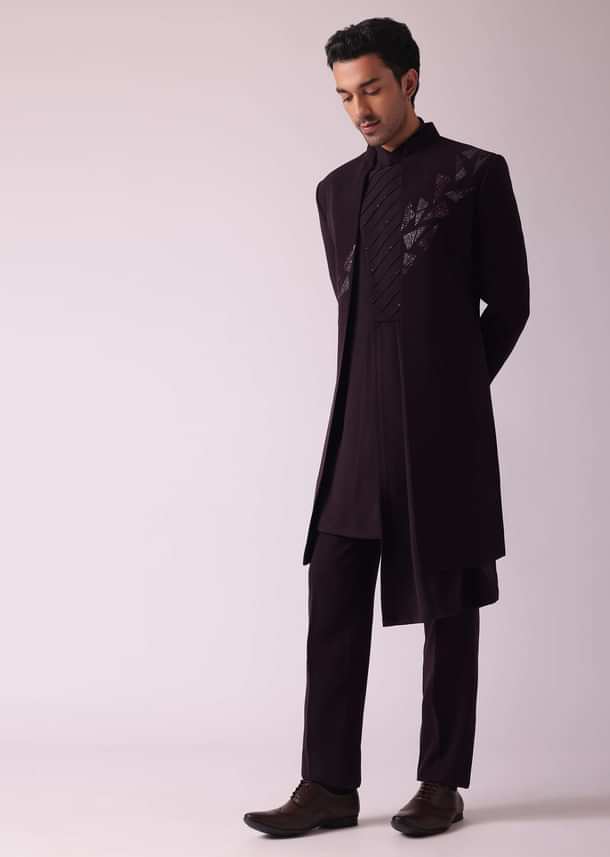 Wine Purple Embroidered Indowestern In Suiting Fabric