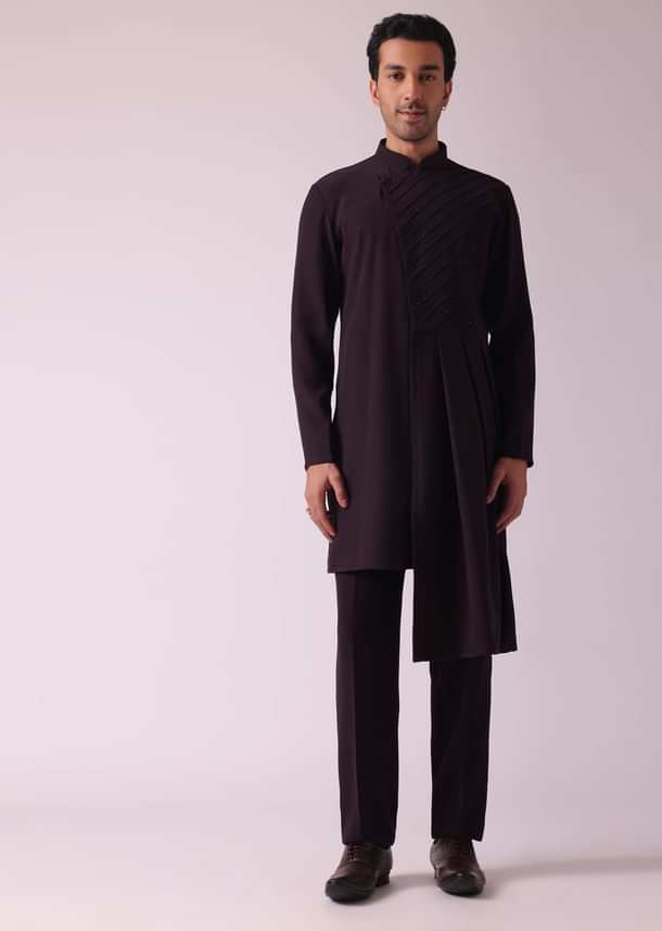 Wine Purple Embroidered Indowestern In Suiting Fabric